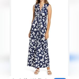 Eliza J Navy Sleeveless Jersey Maxi Dress Twist Front White Floral 16W
